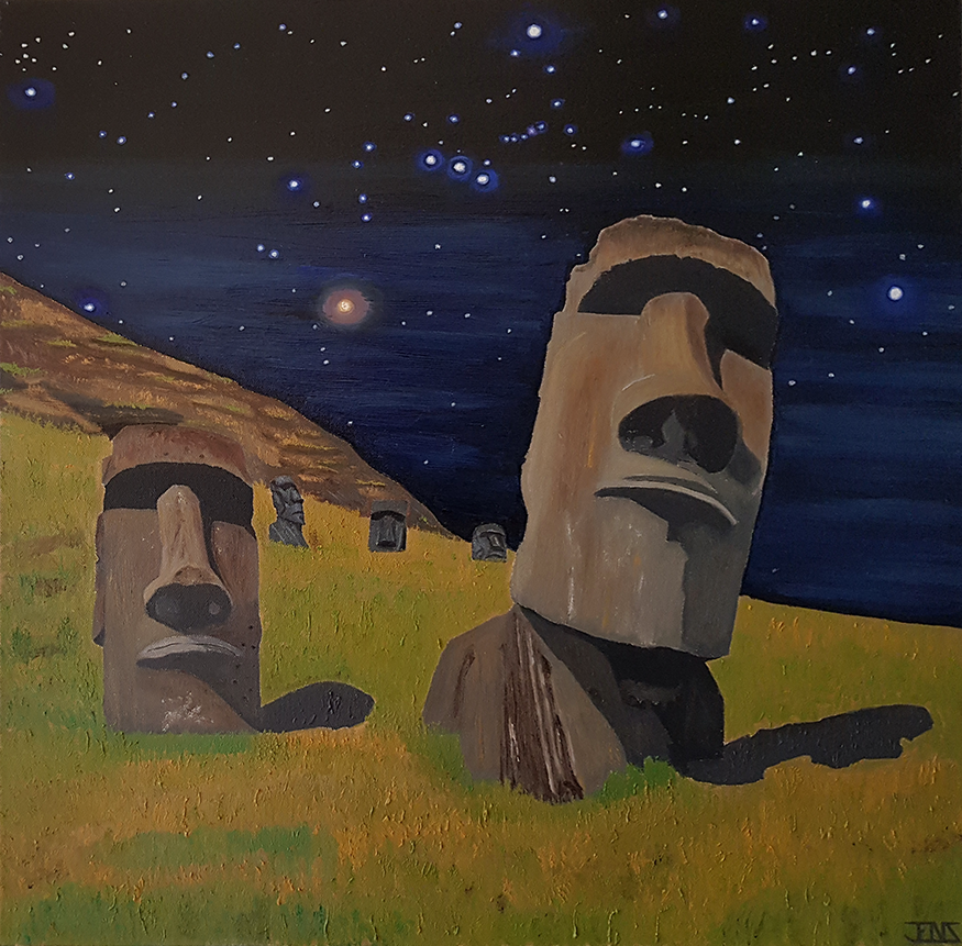 Original oil painting by Jens featuring Easter Island Moai statues under a starry night sky with vibrant celestial details.