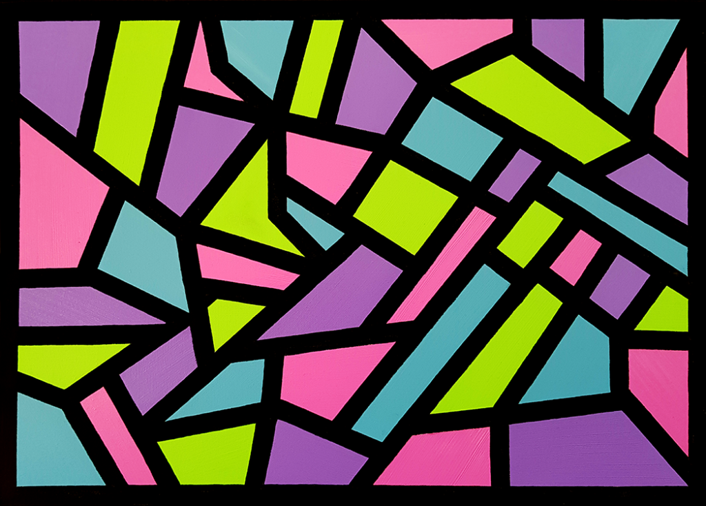 Abstract painting by Jens featuring vibrant geometric shapes in pink, purple, lime green, and teal, outlined with bold black lines on a flat background.