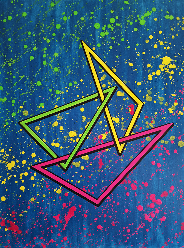 Abstract painting by Jens featuring neon-colored geometric shapes intertwined over a vibrant blue background with bold splashes of green, yellow, and pink.