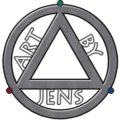 "Art By Jens" logo featuring a metallic gray circular frame enclosing a central triangle. The words "ART BY JENS" are integrated into the design, curving around the inner edges of the circle. Three small colored dots (red, green, and blue) are positioned at key points on the outer ring. The logo has a transparent background.