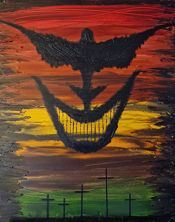 Abstract oil painting titled ‘Hoth’ by Jens Strandell, featuring a black ominous figure resembling a twisted smile and wings against a fiery red, orange, and yellow gradient sky with black crosses on a green horizon. 50x61 cm, 2022.