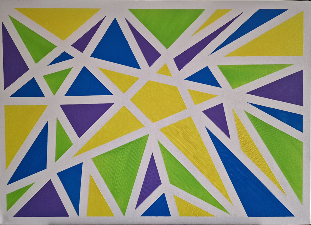 Abstract oil painting titled ‘Star’ by Jens Strandell, featuring vibrant geometric triangular shapes in blue, yellow, green, and purple, intersected by bold white lines creating a star-like pattern. 70x50 cm, 2022.