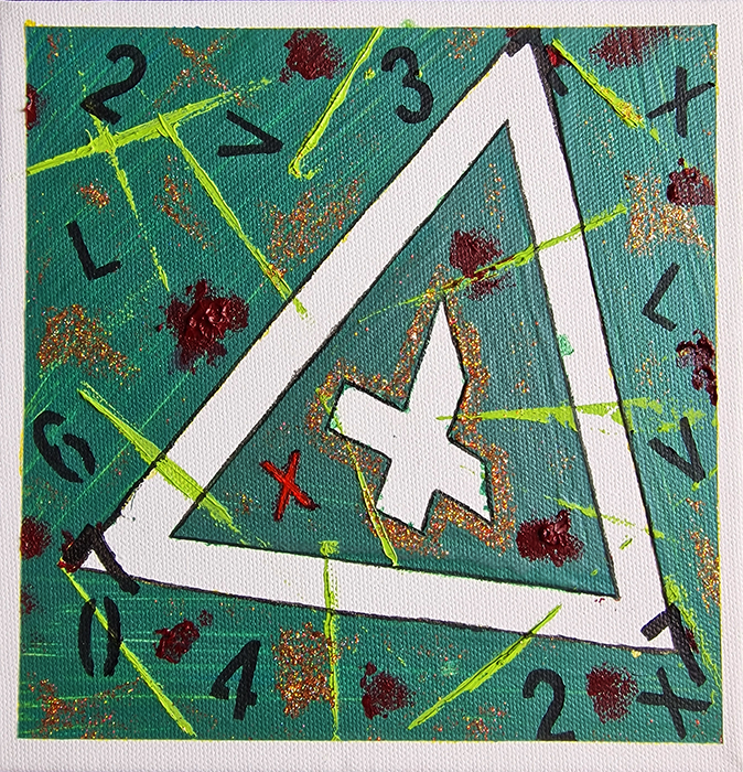 Abstract oil painting titled ‘Alofi’ by Jens Strandell, featuring a white triangle enclosing a stylized cross, surrounded by scattered numbers, symbols, and red splatters on a textured green background. 20x20 cm, 2023.