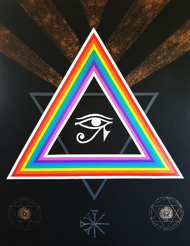 Oil painting titled ‘Anu’ by Jens Strandell featuring a central white Eye of Horus inside a rainbow-colored triangle, set against a black background with golden rays and intricate geometric symbols. 80x100 cm, 2021.