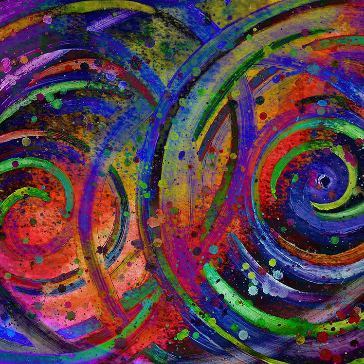 A vibrant phygital artwork titled "Aro" (2022), featuring bold swirling spirals in vivid green, red, blue, and purple, layered with textured splashes of multicolored paint across the canvas.