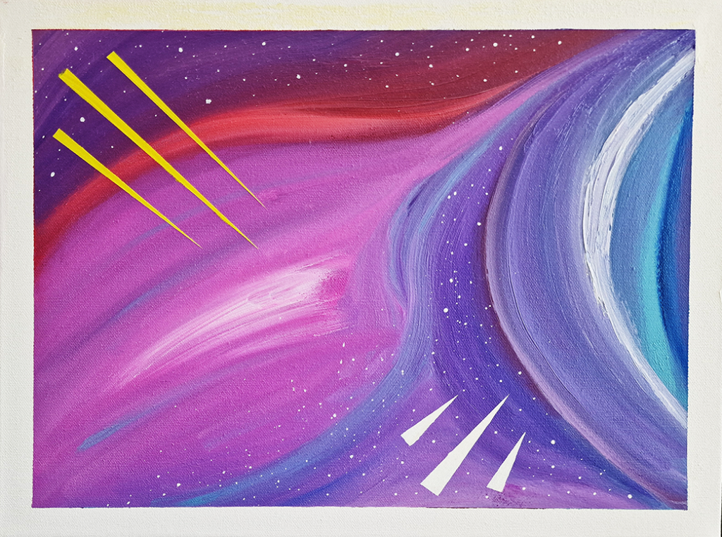 Abstract oil painting titled ‘Bend’ by Jens Strandell, featuring a celestial scene with swirling purple and magenta hues, streaks of yellow light, and a curved, glowing white arc resembling a cosmic wave. 40x30 cm, 2021.