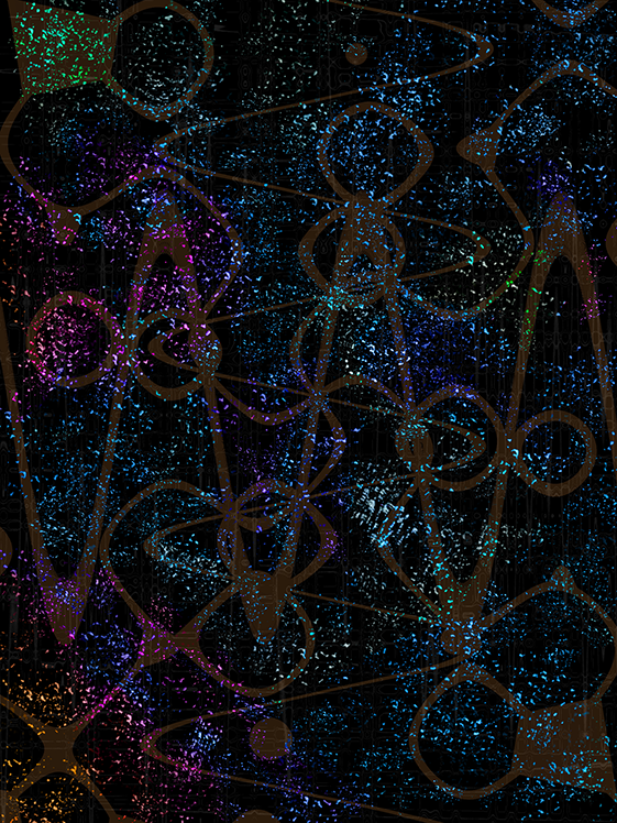 A digital artwork titled "Bismuth" (2022), featuring a cosmic array of glowing specks, loops, and interconnected abstract patterns in vibrant colors like blue, purple, green, and orange against a dark background.