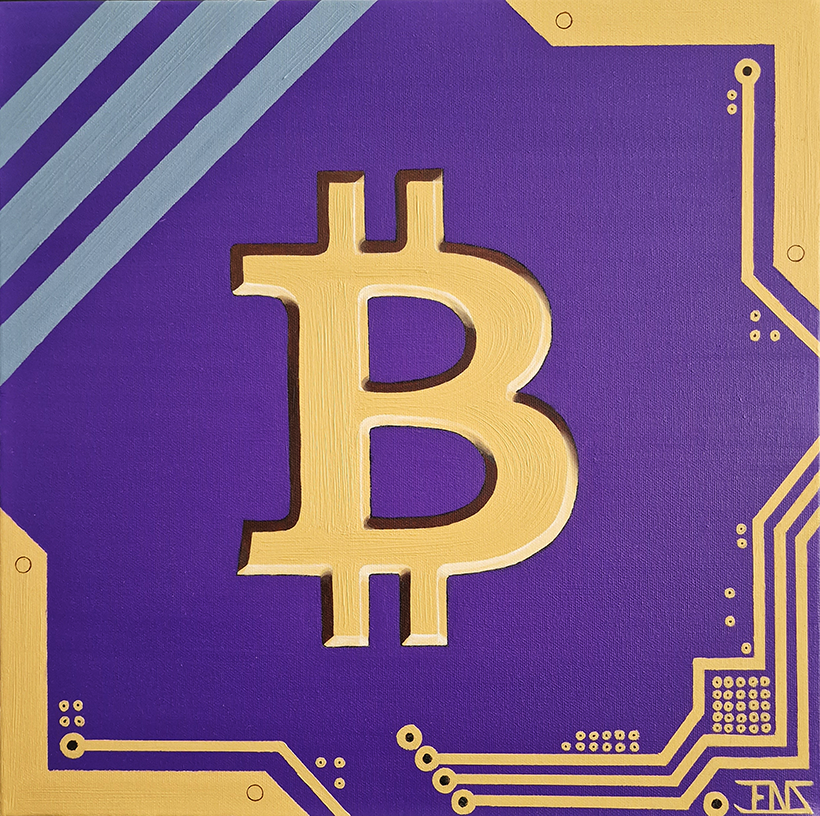 Oil painting titled ‘Bitcoin’ by Jens Strandell, featuring a bold golden Bitcoin symbol on a vibrant purple background with abstract gold circuitry patterns and diagonal blue stripes. 40x40 cm, 2022.