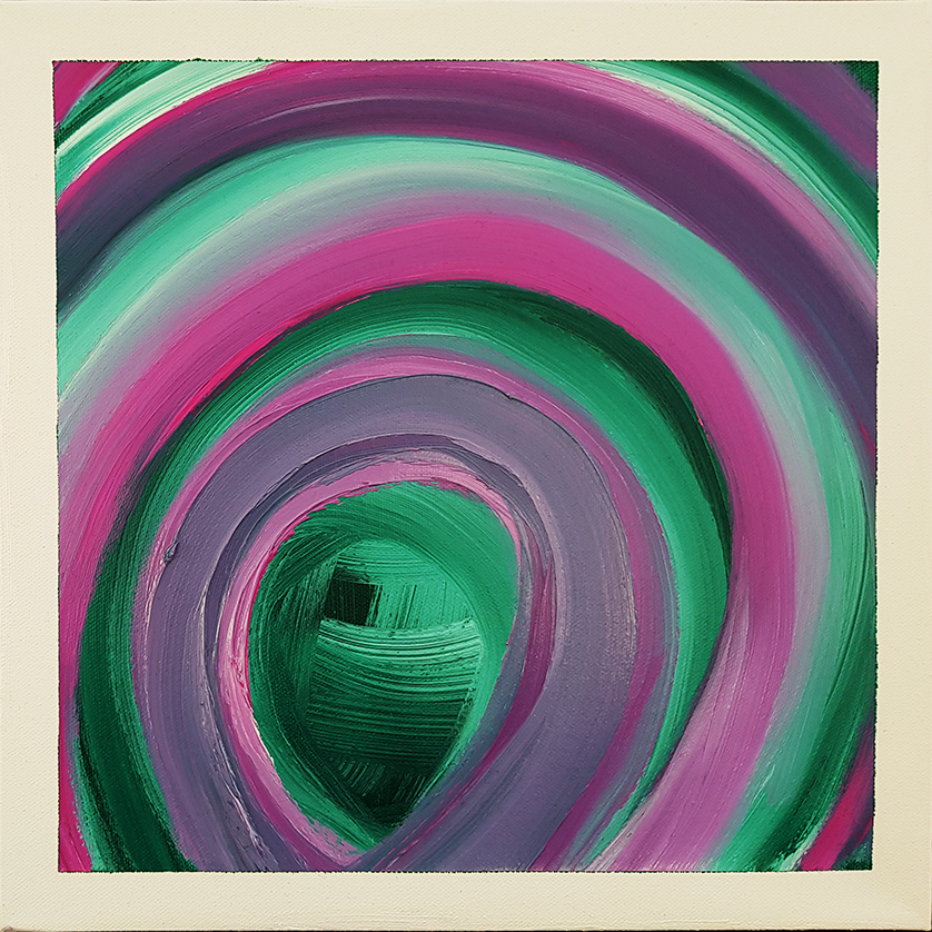 Abstract oil painting titled ‘Bubblegum’ by Jens Strandell, featuring swirling bands of pink, purple, and green forming a tunnel-like pattern on a 30x30 cm canvas.