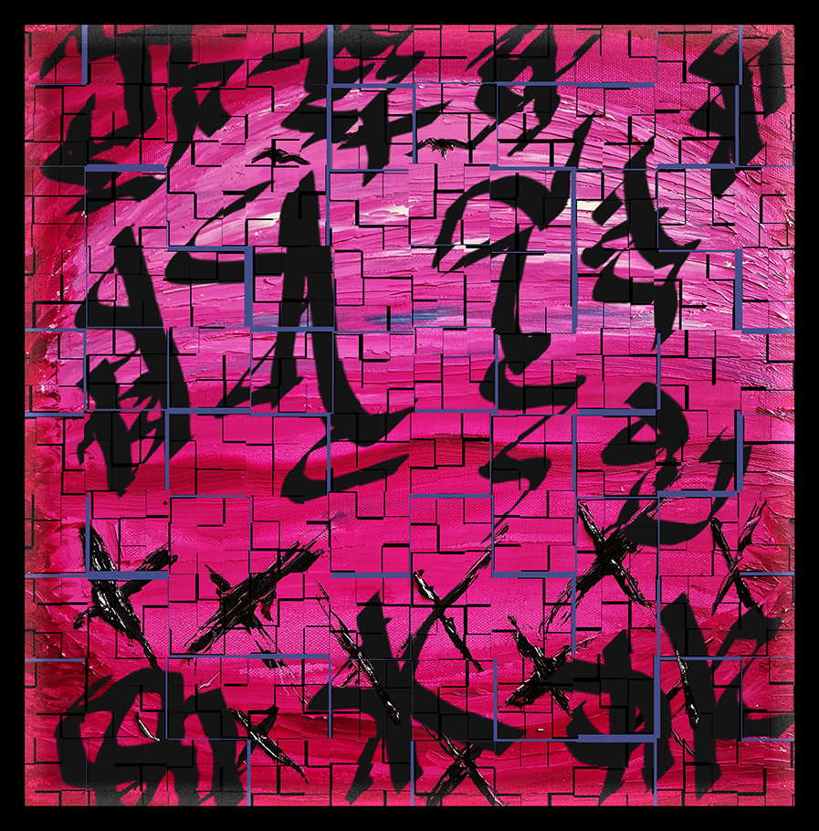 Phygital artwork titled "Cipher" (2024) featuring a vibrant pink textured background layered with black abstract calligraphic strokes and intersecting grid lines, evoking a sense of cryptic messages.