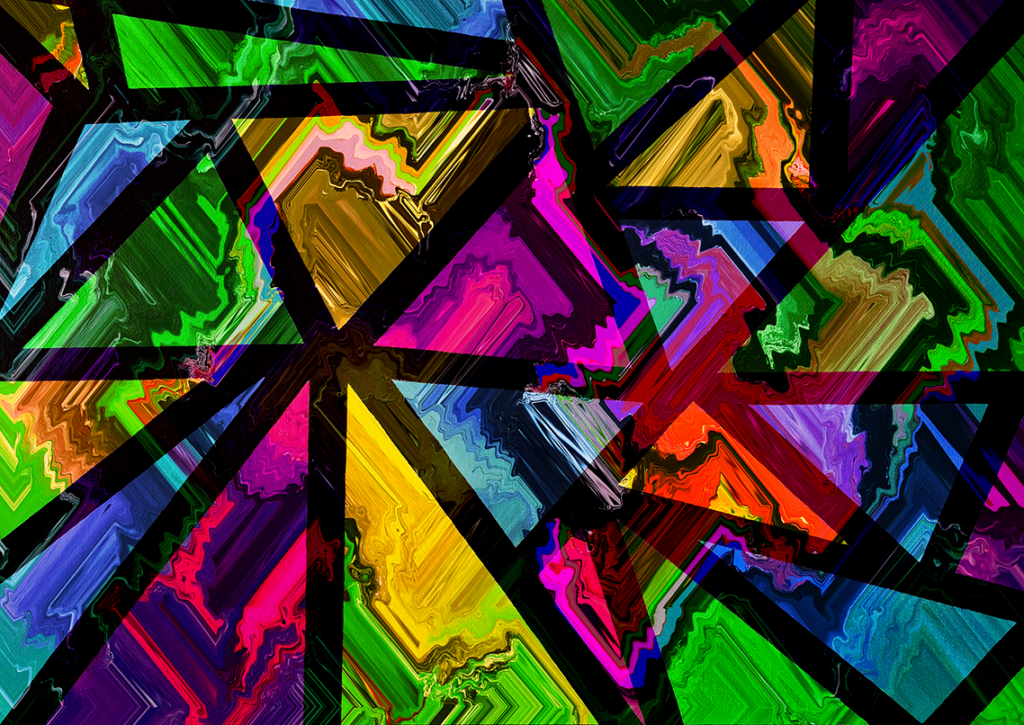 A vibrant phygital artwork titled "Convergence" (2024), featuring colorful swirling triangles intersected by bold black lines, blending fluid forms and dynamic geometry.