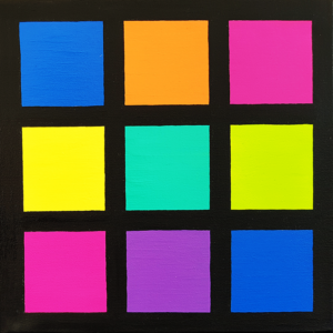 Abstract oil painting titled ‘Cube’ by Jens Strandell, featuring a grid of nine vibrant, solid-colored squares in shades of blue, pink, yellow, orange, green, and purple, framed by bold black lines. 30x30 cm, 2021.