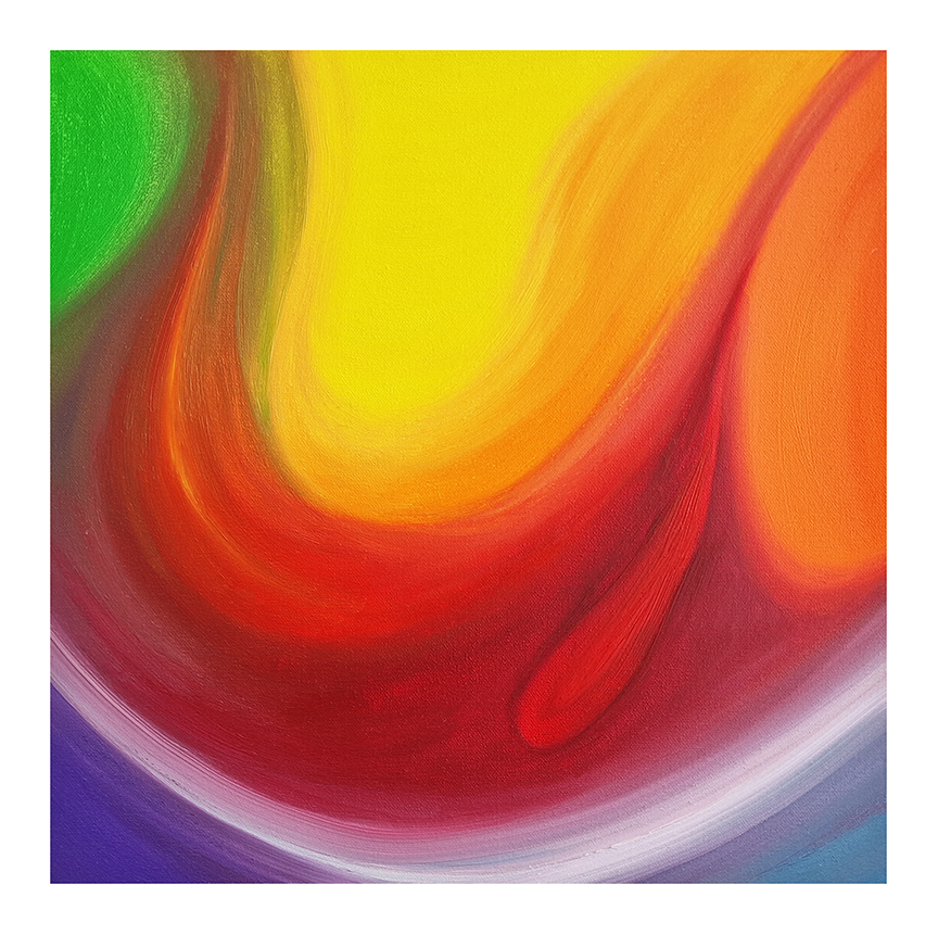 Abstract oil painting titled ‘Diesel’ by Jens Strandell, featuring vibrant swirls of yellow, orange, red, and green flowing together with soft blending on a 40x40 cm canvas. 2022.