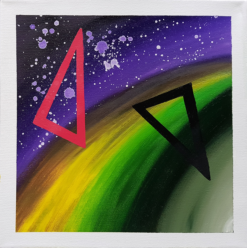 Abstract oil painting titled ‘Edge’ by Jens Strandell, featuring a starry purple sky, vibrant green and yellow arcs, and two contrasting triangular shapes—one red and one black—on a 30x30 cm canvas.