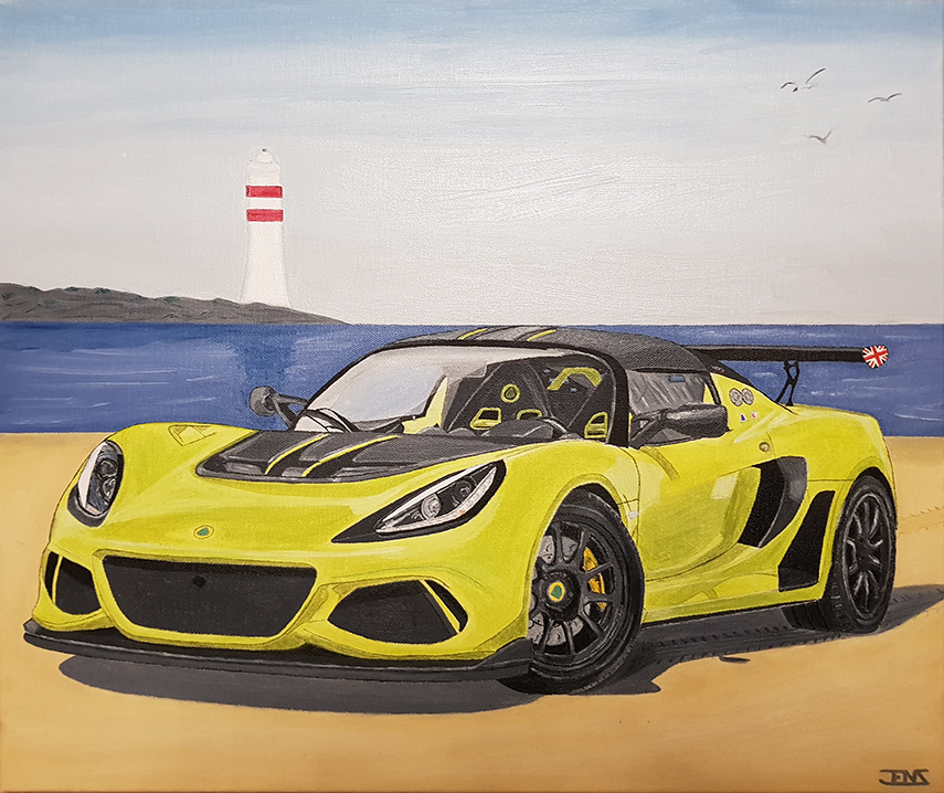 Original oil painting titled ‘Exige’ by Jens Strandell, featuring the bright yellow Lotus Exige Cup 430 on a beach with a lighthouse in the background. Canvas size: 55x46 cm, 2020.