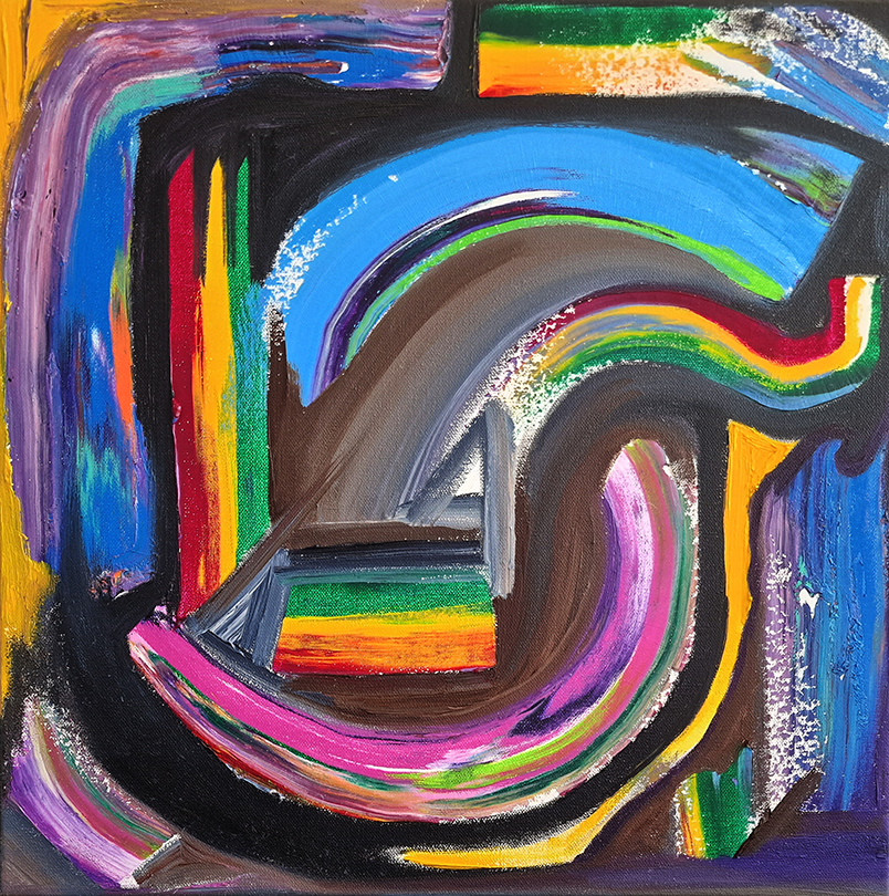 Abstract oil painting titled ‘Femtiofyra’ by Jens Strandell, featuring a mix of bold, swirling brushstrokes and geometric shapes in vibrant colors like blue, red, yellow, and green on a 40x40 cm canvas. 2022.