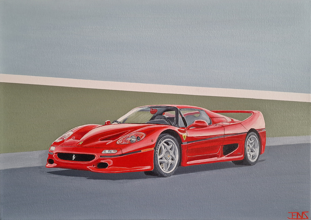 Original oil painting titled ‘Ferrari’ by Jens Strandell, featuring the iconic red Ferrari F50 on a smooth gray road. The detailed car is presented in profile against a minimalist backdrop of green and gray tones. 70x50 cm, 2021.