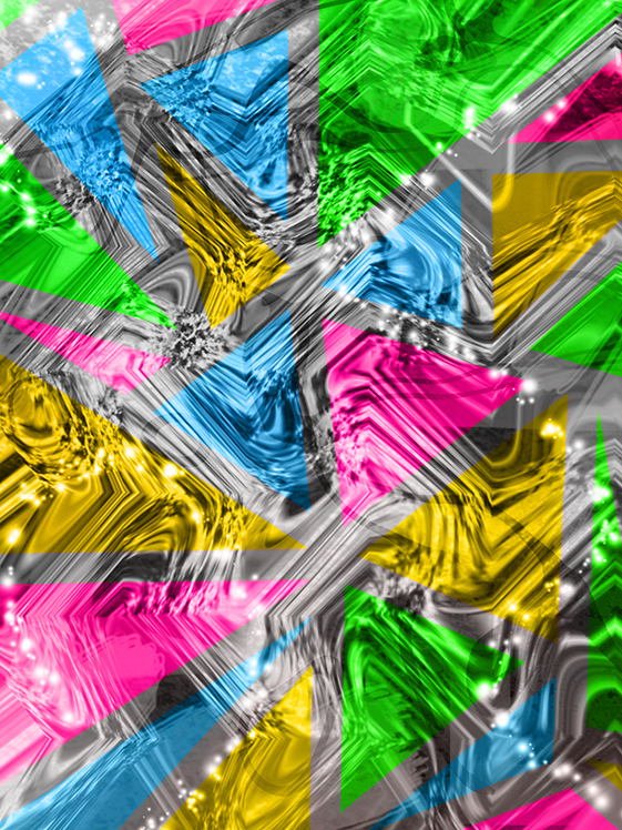 A vibrant phygital artwork titled "Fractions," featuring a dynamic interplay of colorful geometric triangles layered with textured digital patterns in pink, blue, green, and yellow against a reflective metallic backdrop.