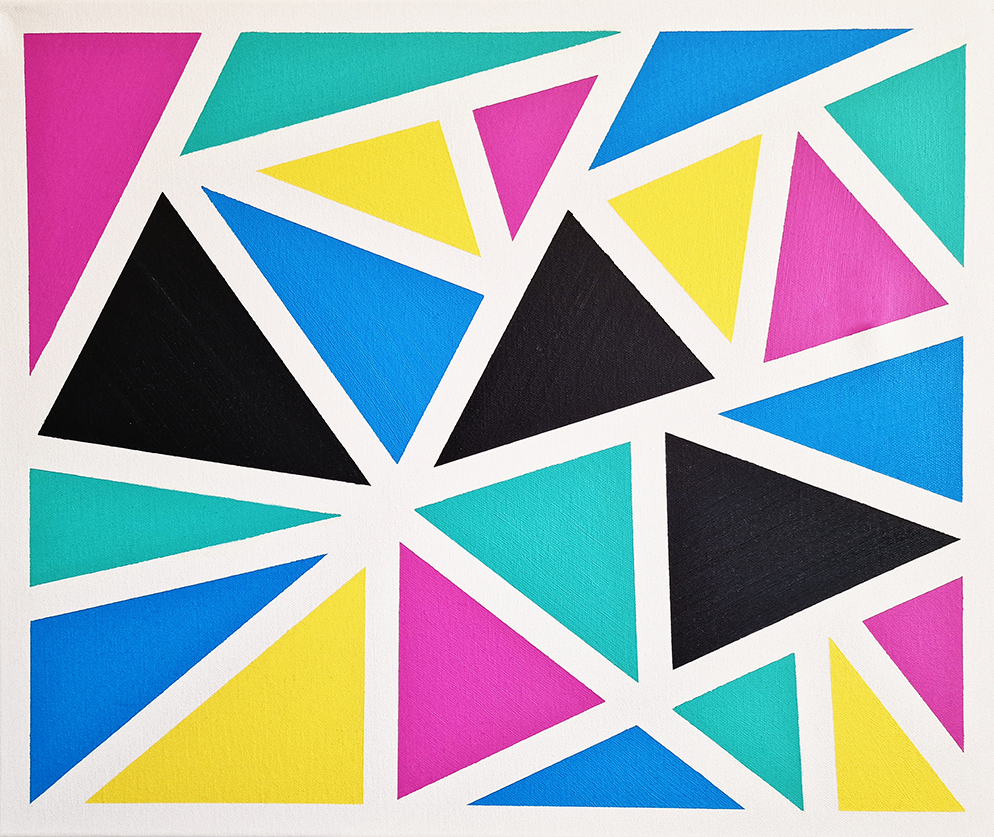 Abstract oil painting titled ‘Gelato’ by Jens Strandell, featuring colorful geometric triangles in shades of pink, blue, yellow, turquoise, and black, outlined in white on a 55x46 cm canvas.