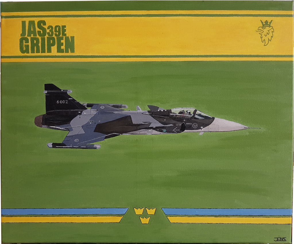 Original oil painting titled ‘Gripen’ by Jens Strandell, featuring the Saab JAS 39E Gripen fighter jet. The jet is painted in dark gray tones, set against a green background with a Swedish yellow-and-blue flag motif. Canvas size: 60x50 cm, 2020.