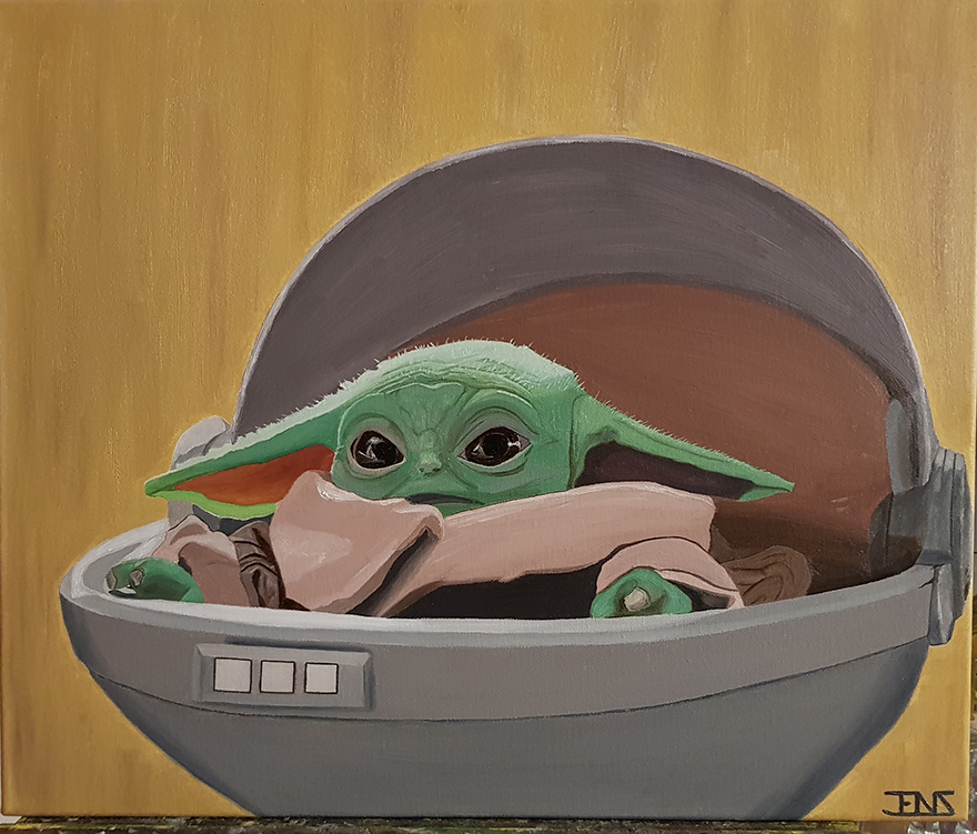 Original oil painting titled ‘Grogu’ by Jens Strandell, featuring Grogu (Baby Yoda) from The Mandalorian. The green character is nestled inside a floating pod, wrapped in a cozy blanket against a soft yellow background. Canvas size: 55x46 cm, 2020.