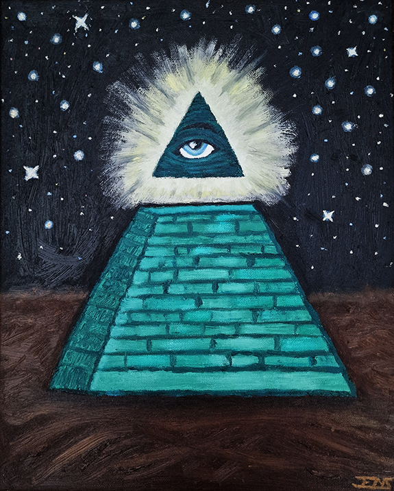 Oil painting titled ‘Illuminati’ by Jens Strandell, featuring a glowing pyramid with an all-seeing eye at the top, set against a dark starry night sky. 33x41 cm, 2020.