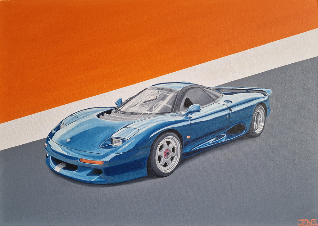 Original oil painting titled ‘Jaguar’ by Jens Strandell, depicting a sleek blue Jaguar XJR-15 with a minimalistic background featuring orange, white, and grey color blocks. Canvas size: 70x50 cm, 2021.