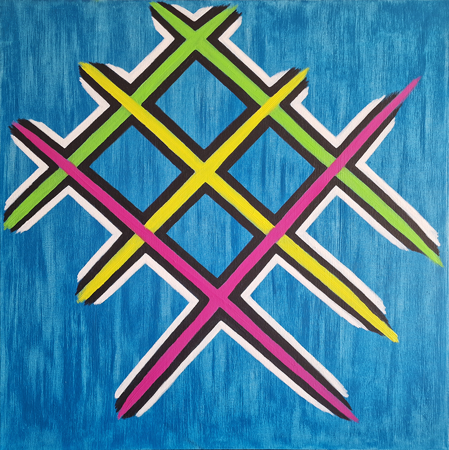 Oil painting titled ‘Juxtapose’ by Jens Strandell, featuring intersecting lines in vibrant pink, yellow, green, and black forming diamond patterns against a textured blue background. 80x80 cm, 2022.