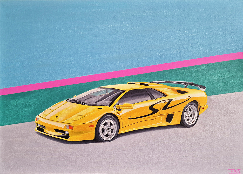 Original oil painting titled ‘Lamborghini’ by Jens Strandell, showcasing a vibrant yellow Lamborghini Diablo SV. The car is painted with high detail, parked at an angle, with a minimalistic pastel blue, green, and pink background. Canvas size: 70x50 cm, 2021.