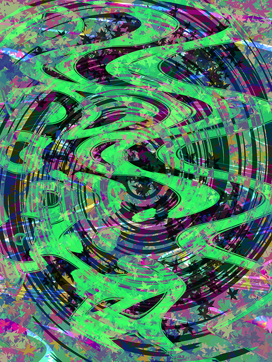 A digital artwork titled "Lights" (2022), inspired by the Northern Lights, featuring vibrant green swirling patterns over a multicolored background of purples, pinks, and blues, with layered star shapes and circular ripples.