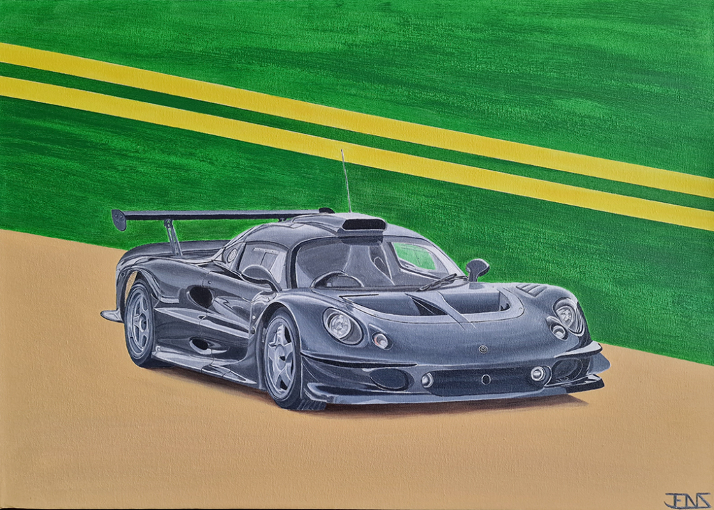 Original oil painting titled ‘Lotus’ by Jens Strandell, depicting a sleek black Lotus Elise GT1 on a golden racetrack. The background features a vivid green surface with two bold yellow racing stripes running diagonally. Canvas size: 70x50 cm, 2021.