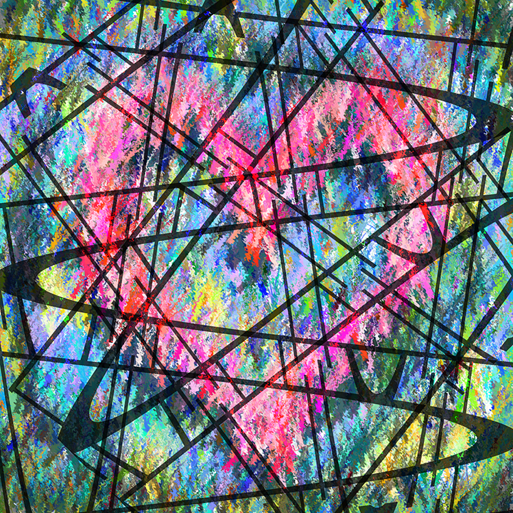 A digital artwork titled "Love" (2022), featuring an explosion of vibrant multicolored hues layered with dynamic intersecting black lines, evoking a sense of abstract energy and passion.