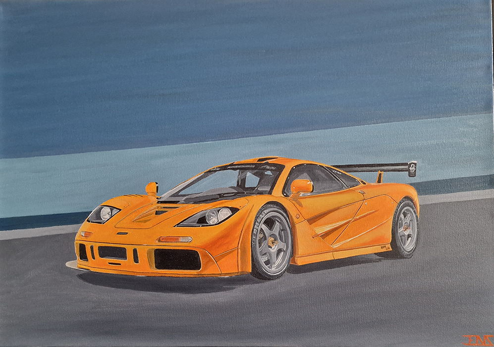 Original oil painting titled ‘McLaren’ by Jens Strandell, depicting a vibrant orange McLaren F1 LM on a sleek racetrack with a gradient blue-toned background. The hyper-realistic artwork showcases the car’s aerodynamic curves, rear spoiler, and glossy finish. 70x50 cm, 2021.