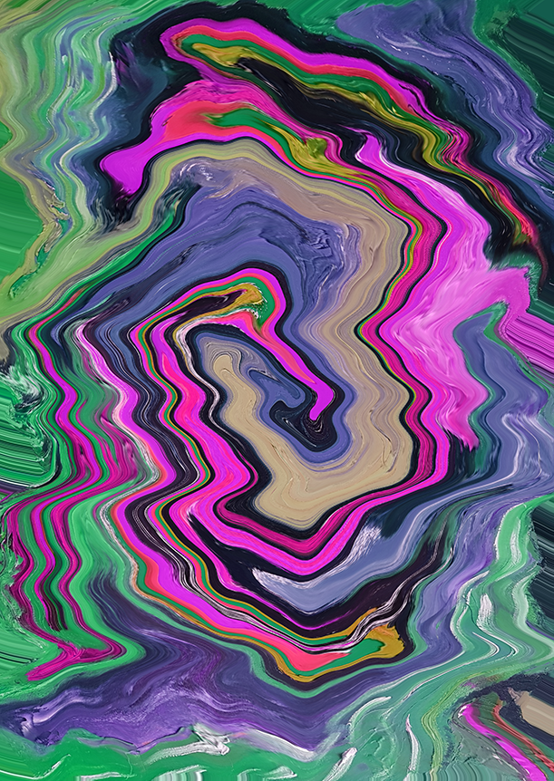 An abstract phygital artwork titled "Memory" (2022), featuring vivid swirling patterns of green, pink, purple, and beige, resembling fluid waves and organic forms.