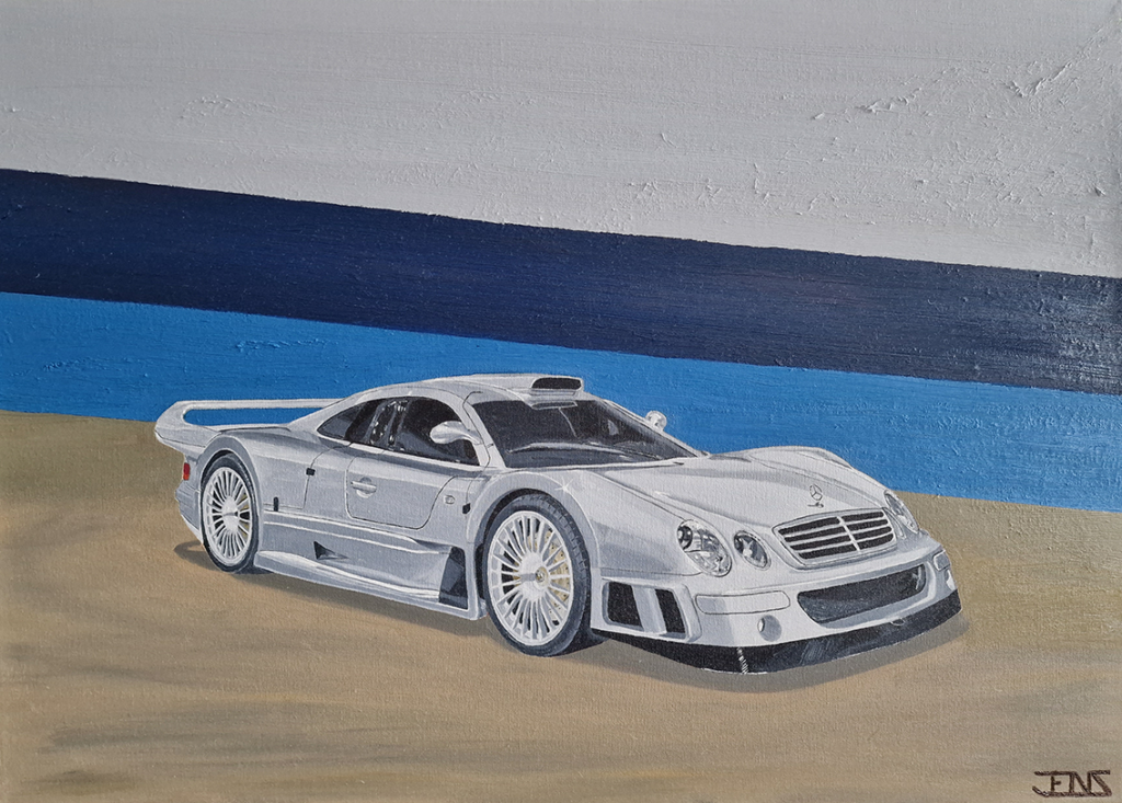 Original oil painting titled ‘Mercedes’ by Jens Strandell, showcasing the Mercedes-Benz AMG CLK GTR. The hyper-realistic artwork features the silver sports car parked on a sandy surface, with a stylized blue and gray gradient background evoking a serene horizon. 70x50 cm, 2020.