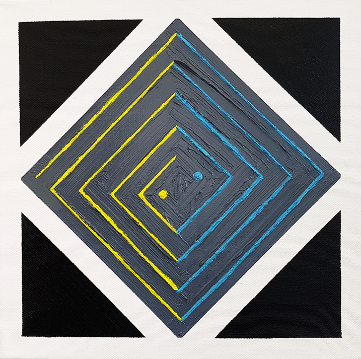 Geometric oil painting by Jens Strandell featuring a textured gray diamond with intricate blue and yellow spiral lines, set against a contrasting black and white triangular background.