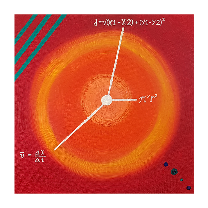 Abstract oil painting titled ‘Nucleus’ by Jens Strandell, featuring a glowing orange and red circular center with white mathematical symbols and lines resembling clock hands, against a deep red background. 30x30 cm, 2021.