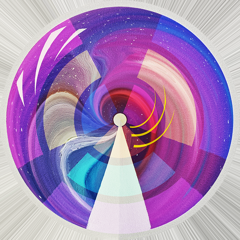 A vibrant circular phygital artwork titled "Orb" (2023), featuring swirling colors in purples, blues, and reds with dynamic geometric shapes and glowing radial lines emanating from the center.