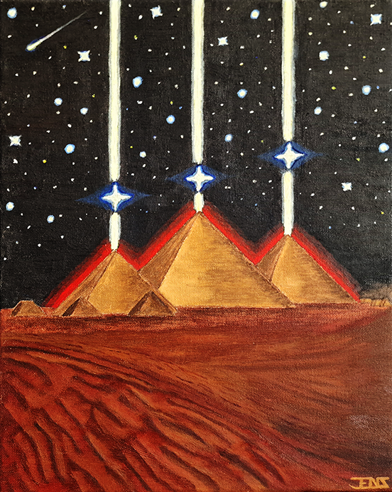 Oil painting titled ‘Orion’ by Jens Strandell, depicting the pyramids of Giza aligned under Orion’s Belt with three beams of light connecting the stars Alnitak, Alnilam, and Mintaka to the pyramid peaks against a starry night sky. 33x41 cm, 2020.