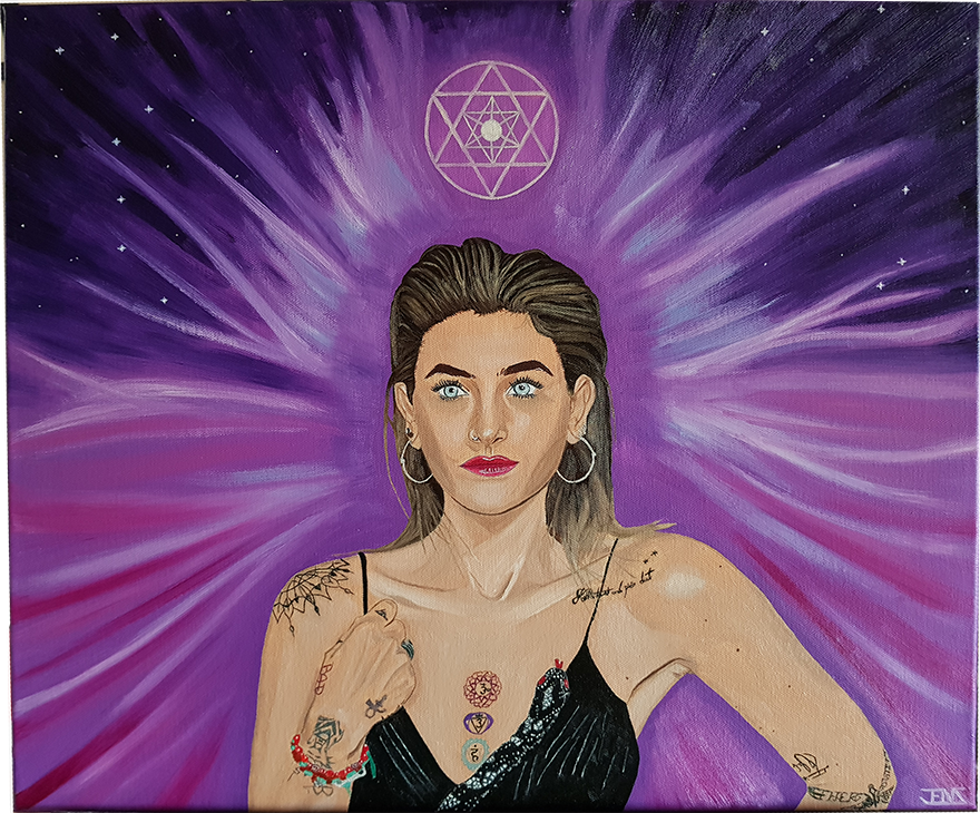 Original oil painting titled ‘Paris’ by Jens Strandell, depicting a woman with piercing blue eyes, surrounded by radiant purple energy waves and celestial symbols. Canvas size: 55x46 cm, 2020.