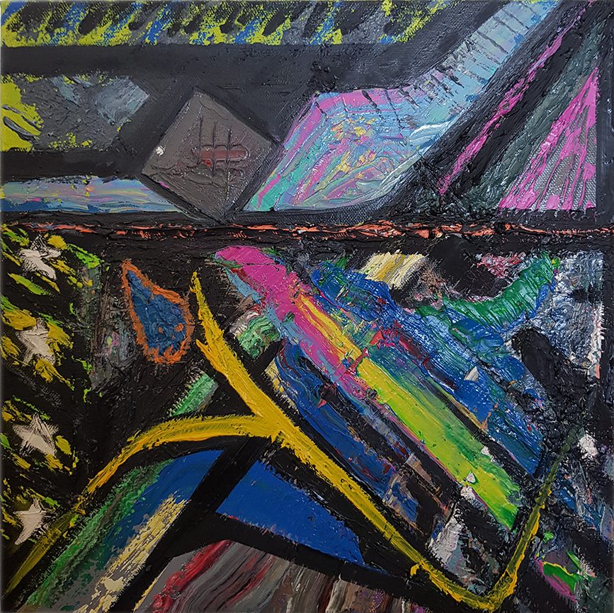 Abstract oil painting titled ‘Patchwork’ by Jens Strandell, featuring bold textures, vibrant splashes of yellow, pink, blue, and green intersecting with dark and textured geometric forms on a 30x30 cm canvas.