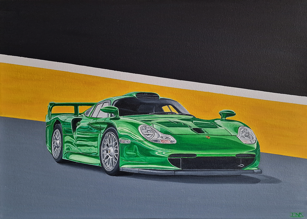 Original oil painting titled ‘Porsche’ by Jens Strandell, showcasing a vibrant green Porsche 911 GT1 Straßenversion against a bold yellow, white, and black background. Canvas size: 70x50 cm, 2021.