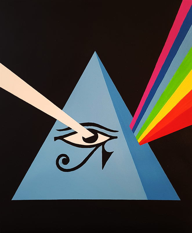 Oil painting titled ‘Prism’ by Jens Strandell featuring a blue triangle with the Eye of Horus, intersected by a white beam of light that refracts into vibrant rainbow-colored rays against a black background. 46x55 cm, 2021.