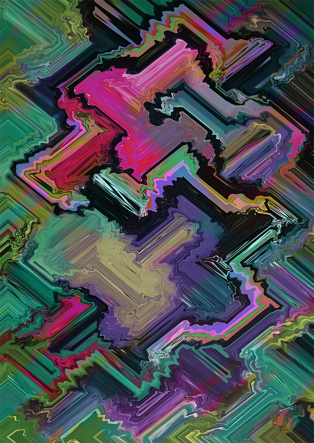 An abstract phygital artwork titled "Reflux," featuring flowing, jagged, and vibrant shapes in shades of green, pink, purple, and blue with a dynamic layered texture that creates a sense of fluid motion.