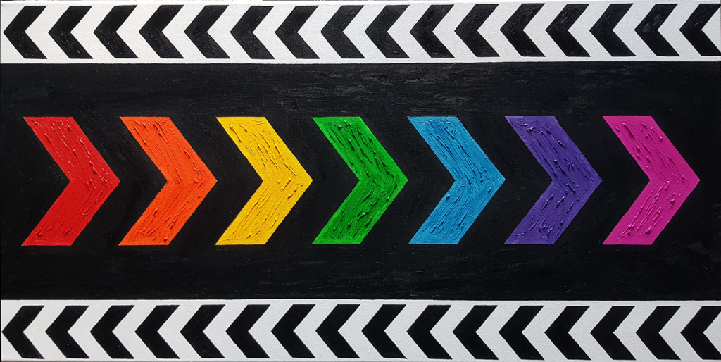 Abstract oil painting titled ‘Roygbiv’ by Jens Strandell, featuring a series of textured rainbow-colored arrows in red, orange, yellow, green, blue, purple, and pink on a black background, framed by black and white chevron patterns. 80x40 cm, 2020.