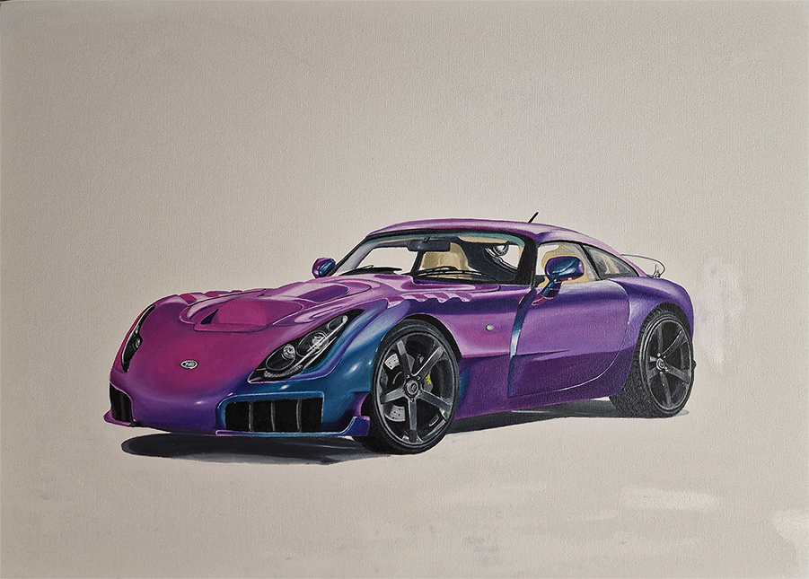 Original oil painting titled ‘Sagaris’ by Jens Strandell, featuring a vibrant TVR Sagaris sports car. The car is painted in a stunning gradient of purple and blue hues, displayed against a minimalistic light gray background. Canvas size: 70x50 cm, 2024.