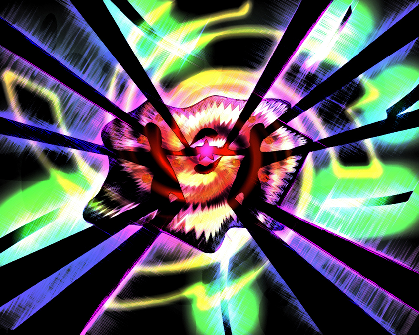 A dynamic digital artwork titled "Split Personalities" (2002), featuring a central explosion of vivid colors—red, yellow, green, and purple—radiating outward in jagged, fragmented patterns.