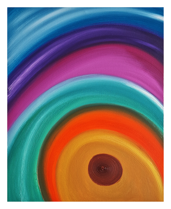 Vibrant abstract oil painting by Jens Strandell featuring concentric, flowing circular bands of colors, including deep blue, purple, teal, orange, and gold, radiating from a textured central point.