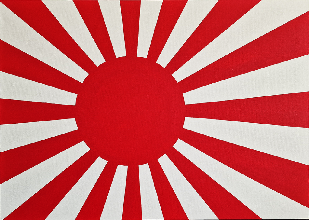 Original oil painting titled ‘Sunrise’ by Jens Strandell, depicting the Japanese Rising Sun flag design with a bold red circle in the center and white rays radiating outward. 70x50 cm, 2021.