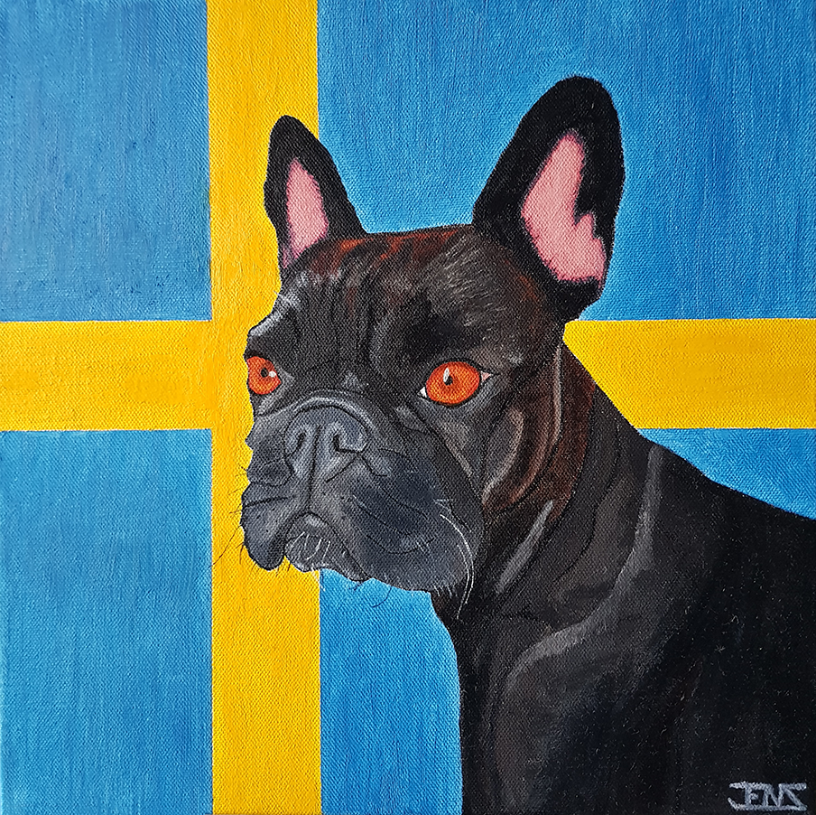 Original oil painting titled ‘Swea’ by Jens Strandell, featuring a French Bulldog with striking brown eyes, set against the Swedish flag as a backdrop. Canvas size: 30x30 cm, 2020.